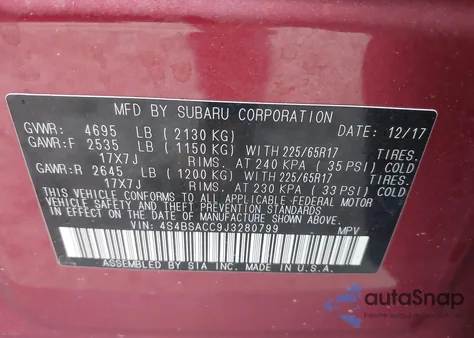 2018 Subaru Outback 2.5I Premium from USA, damaged, VIN 4S4BSACC9J3280799